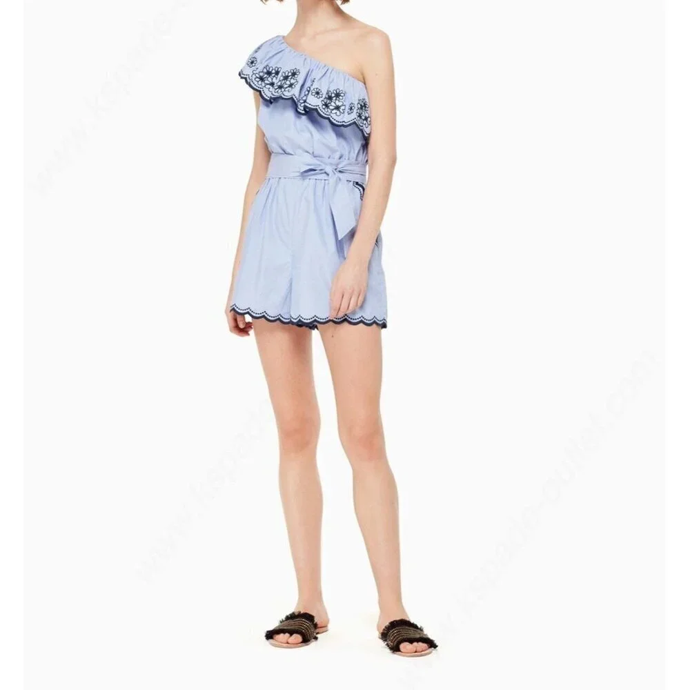 KATE SPADE NY Daisy Embroidered One-Shoulder Romper Blue MSRP $298 Size 8 New